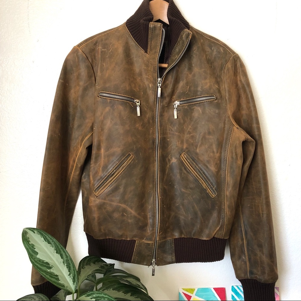 Lavorazione Artigiana Distressed Leather Bomber Jacket